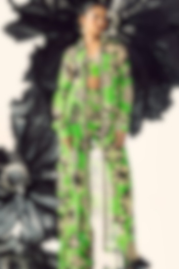 Parrot Green Silk & Georgette Printed Jacket Set by Maison Blu at Pernia's Pop Up Shop