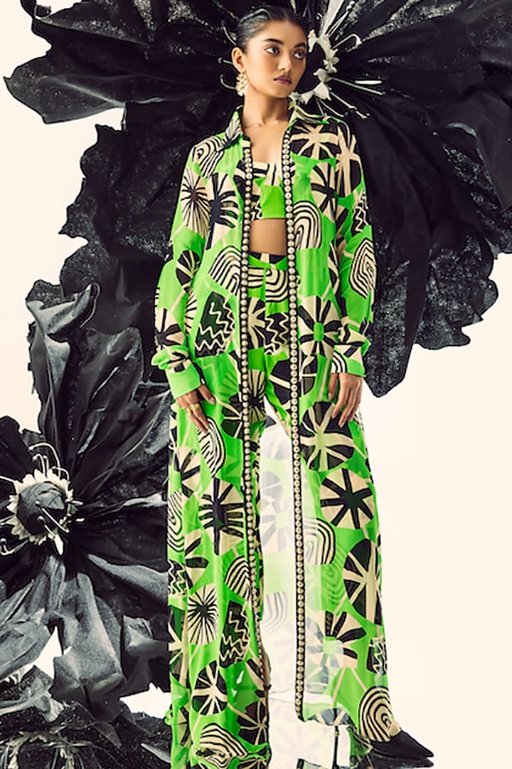 Parrot Green Silk & Georgette Printed Jacket Set by Maison Blu at Pernia's Pop Up Shop