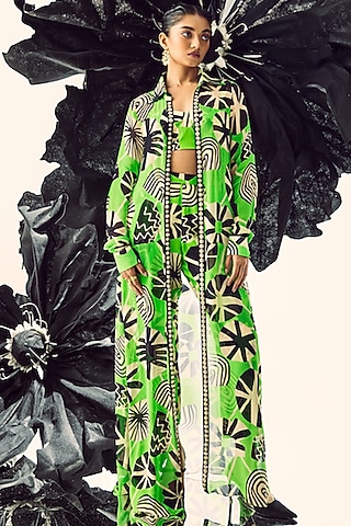 Parrot Green Silk & Georgette Printed Jacket Set by Maison Blu