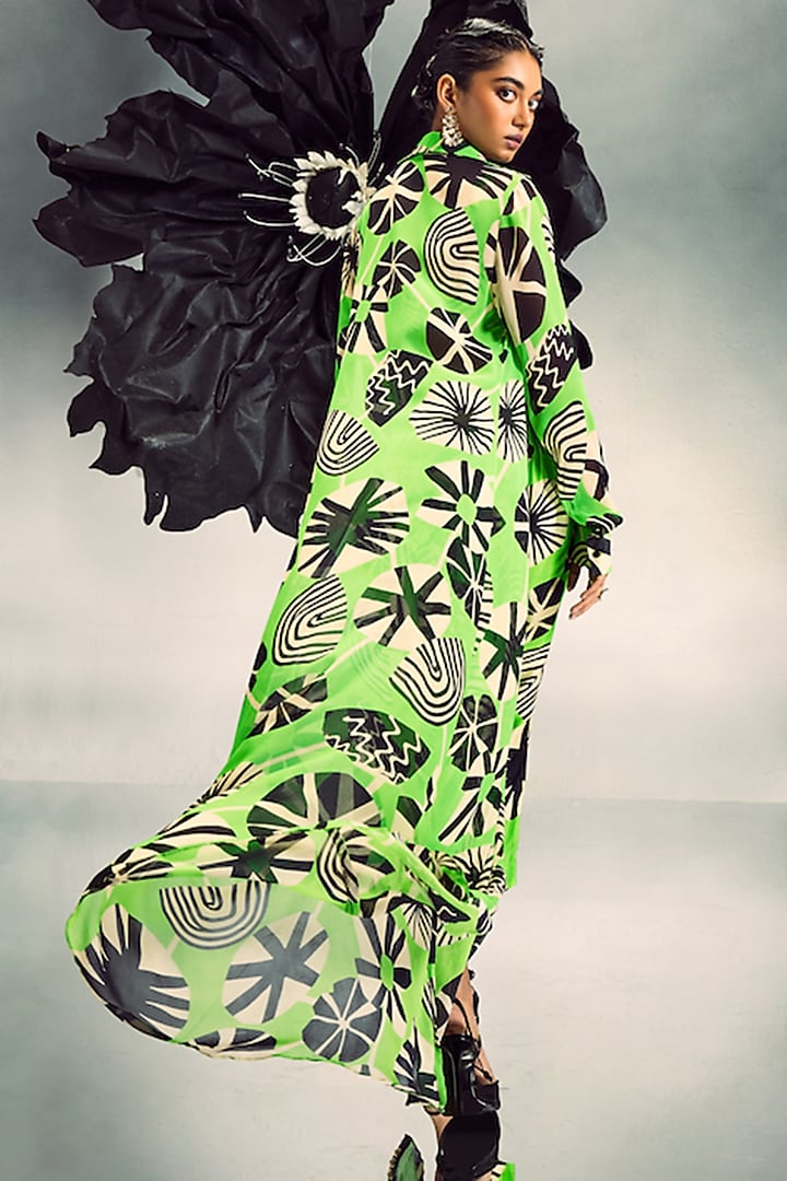 Parrot Green Silk & Georgette Printed Jacket Set by Maison Blu at Pernia's Pop Up Shop