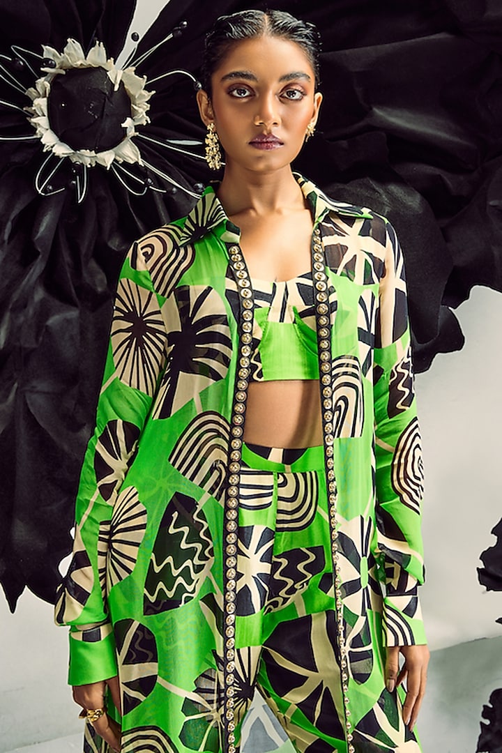 Parrot Green Silk & Georgette Printed Jacket Set by Maison Blu at Pernia's Pop Up Shop