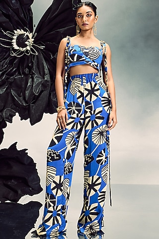 Cobalt Blue Crepe Printed Co-Ord Set by Maison Blu