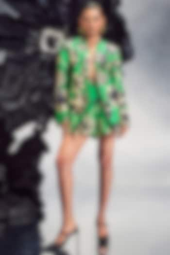 Emerald Green Silk Printed Blazer Set by Maison Blu at Pernia's Pop Up Shop