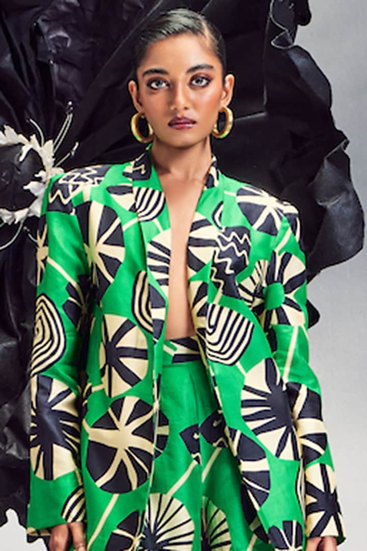 Emerald Green Silk Printed Blazer Set by Maison Blu at Pernia's Pop Up Shop