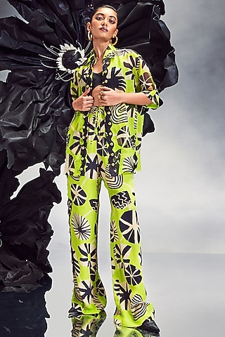 Lime Green Crepe & Sheer Silk Rick Rack Studded Co-Ord Set by Maison Blu