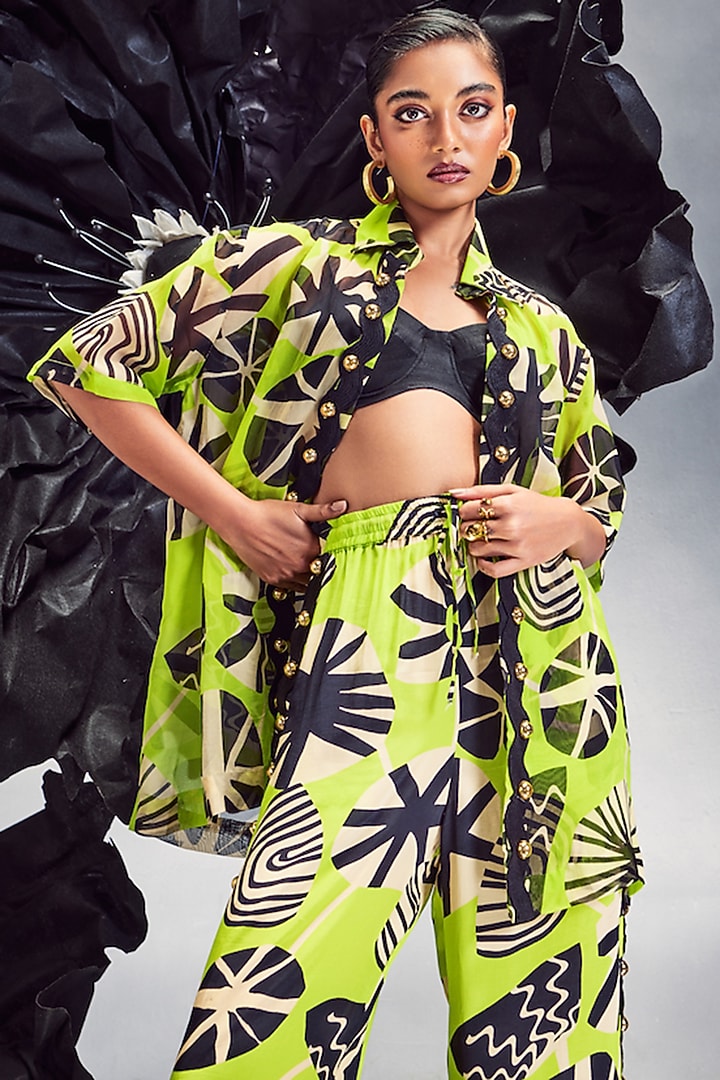 Lime Green Crepe & Sheer Silk Rick Rack Studded Co-Ord Set by Maison Blu at Pernia's Pop Up Shop
