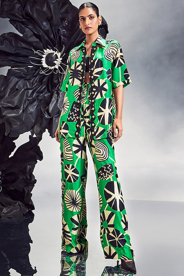Emerald Green Silk Rick Rack Studded Co-Ord Set by Maison Blu at Pernia's Pop Up Shop
