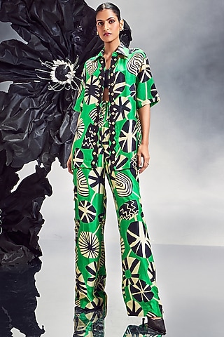 Emerald Green Silk Rick Rack Studded Co-Ord Set by Maison Blu