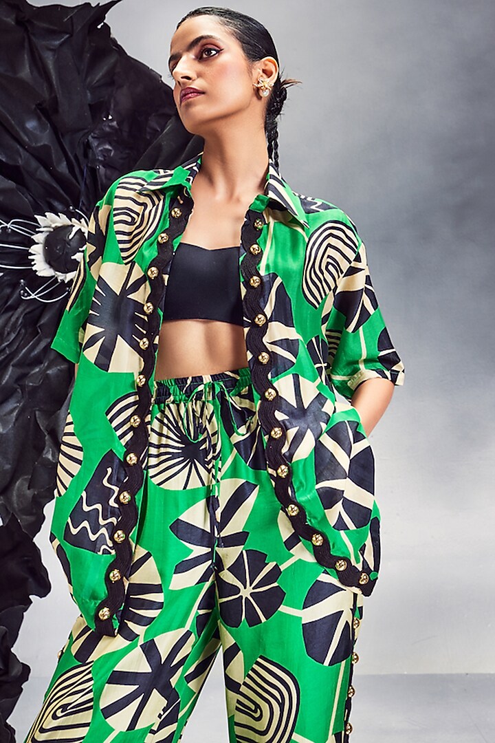 Emerald Green Silk Rick Rack Studded Co-Ord Set by Maison Blu at Pernia's Pop Up Shop
