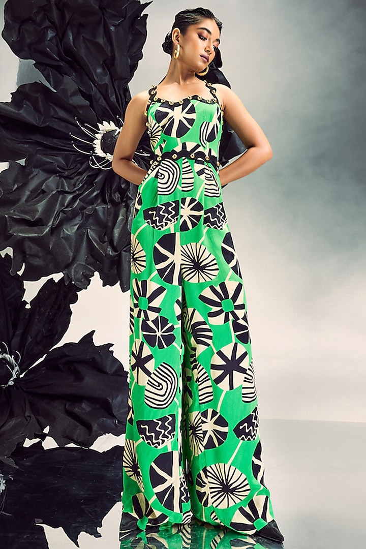 Emerald Green Crepe Studded Jumpsuit With Belt by Maison Blu at Pernia's Pop Up Shop