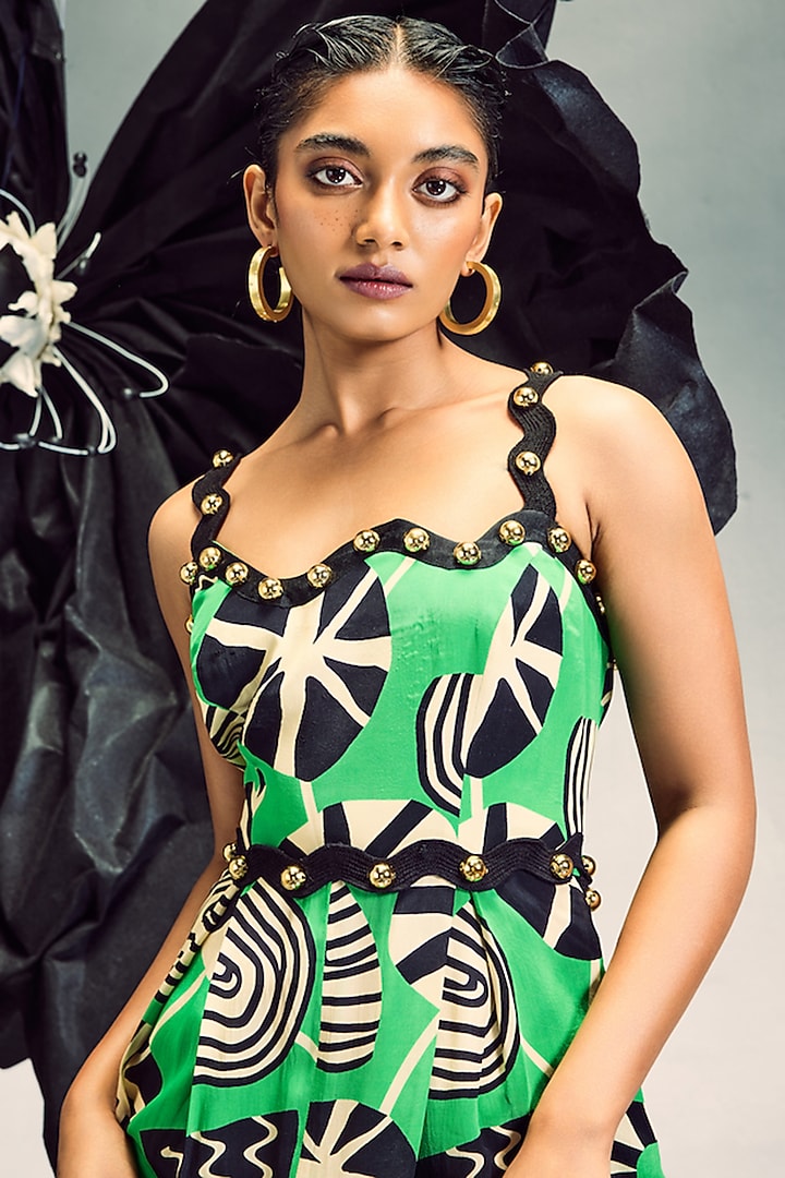 Emerald Green Crepe Studded Jumpsuit With Belt by Maison Blu at Pernia's Pop Up Shop