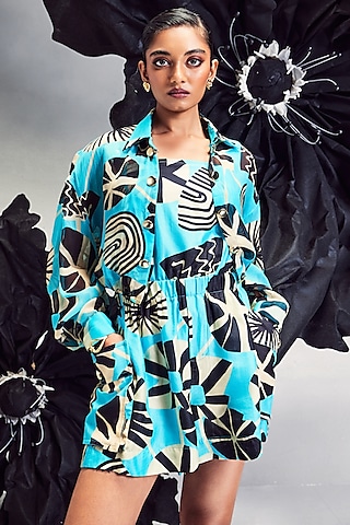 Aqua Blue Sheer Silk & Silk Cargo Jumpsuit With Jacket by Maison Blu