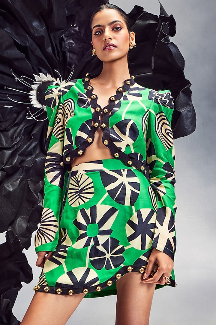 Emerald Green Silk Studded Wave Skirt Set by Maison Blu at Pernia's Pop Up Shop