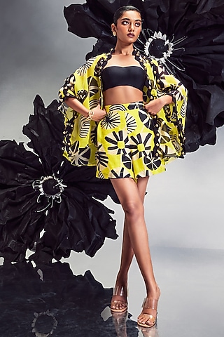 Yellow Sheer Silk Printed Cape Set by Maison Blu