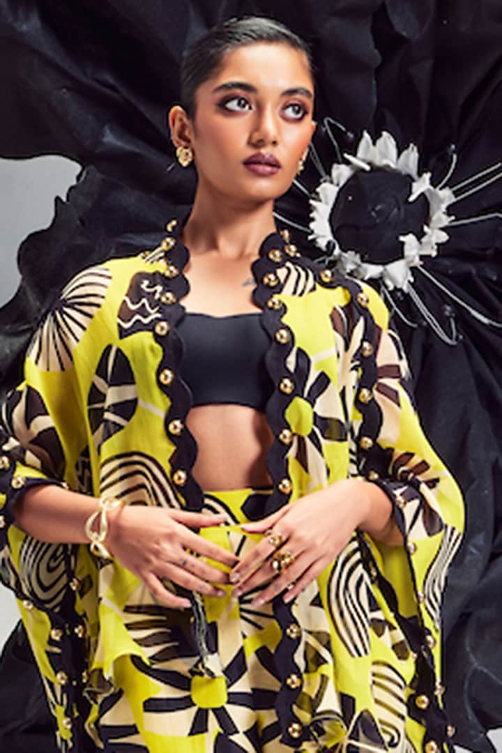 Yellow Sheer Silk Printed Cape Set by Maison Blu at Pernia's Pop Up Shop