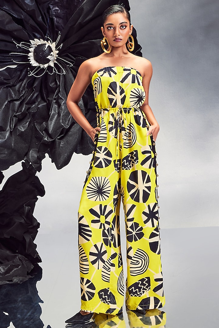 Yellow Crepe Printed Jumpsuit by Maison Blu at Pernia's Pop Up Shop