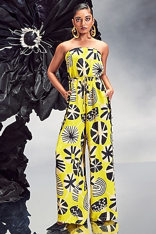 Yellow Crepe Printed Jumpsuit by Maison Blu