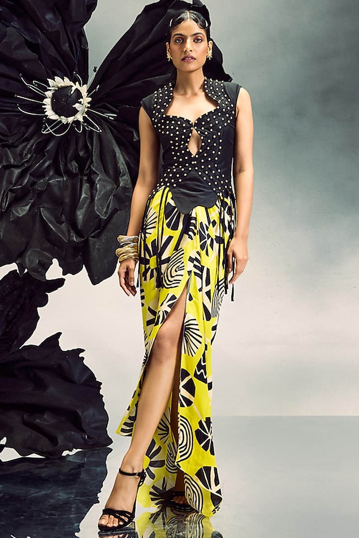 Yellow & Black Crepe & Silk Printed Skirt Set by Maison Blu at Pernia's Pop Up Shop