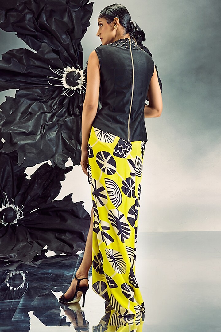 Yellow & Black Crepe & Silk Printed Skirt Set by Maison Blu at Pernia's Pop Up Shop