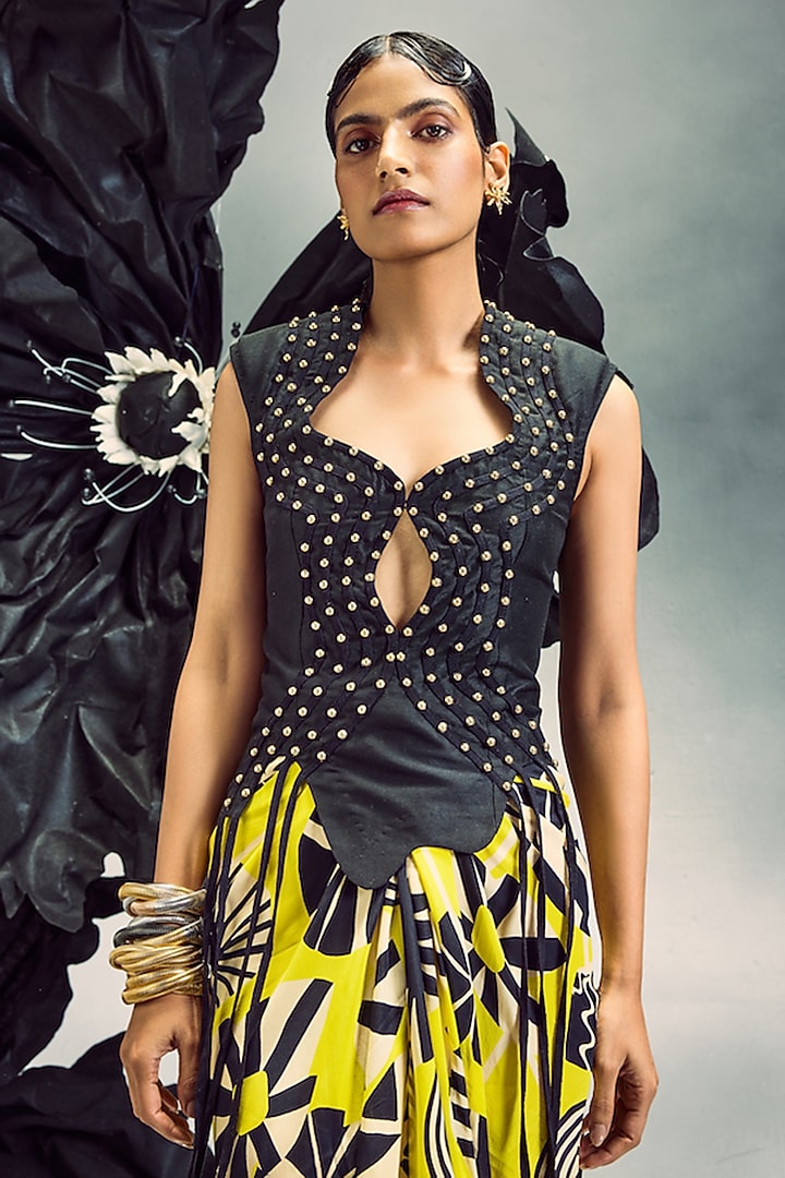 Yellow & Black Crepe & Silk Printed Skirt Set by Maison Blu at Pernia's Pop Up Shop