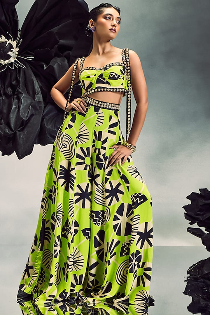 Lime Green Crepe Printed Sharara Set by Maison Blu at Pernia's Pop Up Shop