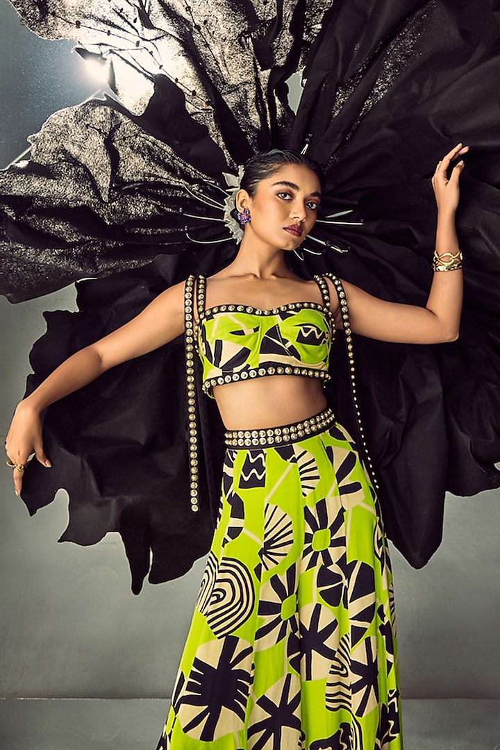 Lime Green Crepe Printed Wedding Sharara Set by Maison Blu at Pernia's Pop Up Shop