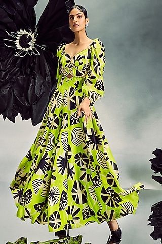 Lime Green Silk Printed Jumpsuit by Maison Blu