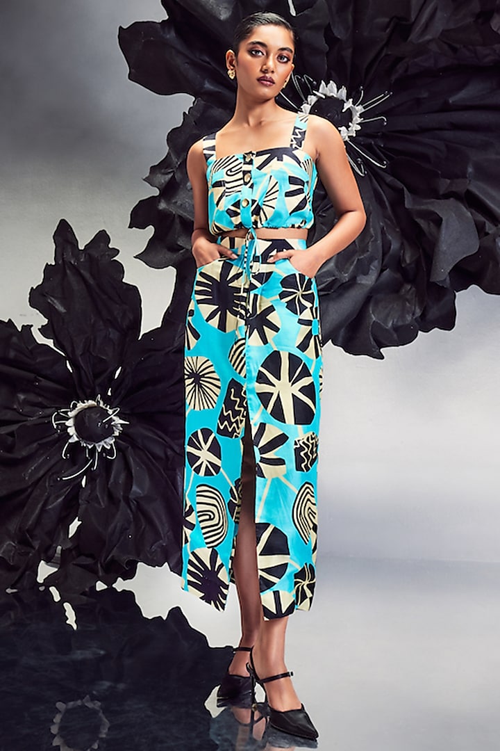 Aqua Blue Silk Printed Slit Skirt Set by Maison Blu at Pernia's Pop Up Shop