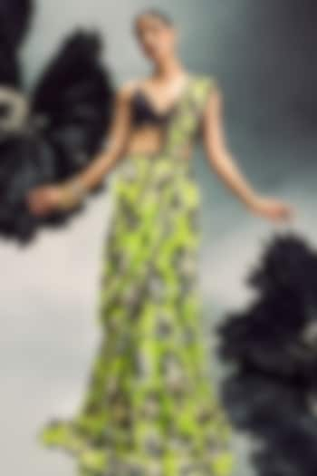 Black & Lime Green Georgette Printed Pre-Draped Saree Set by Maison Blu at Pernia's Pop Up Shop