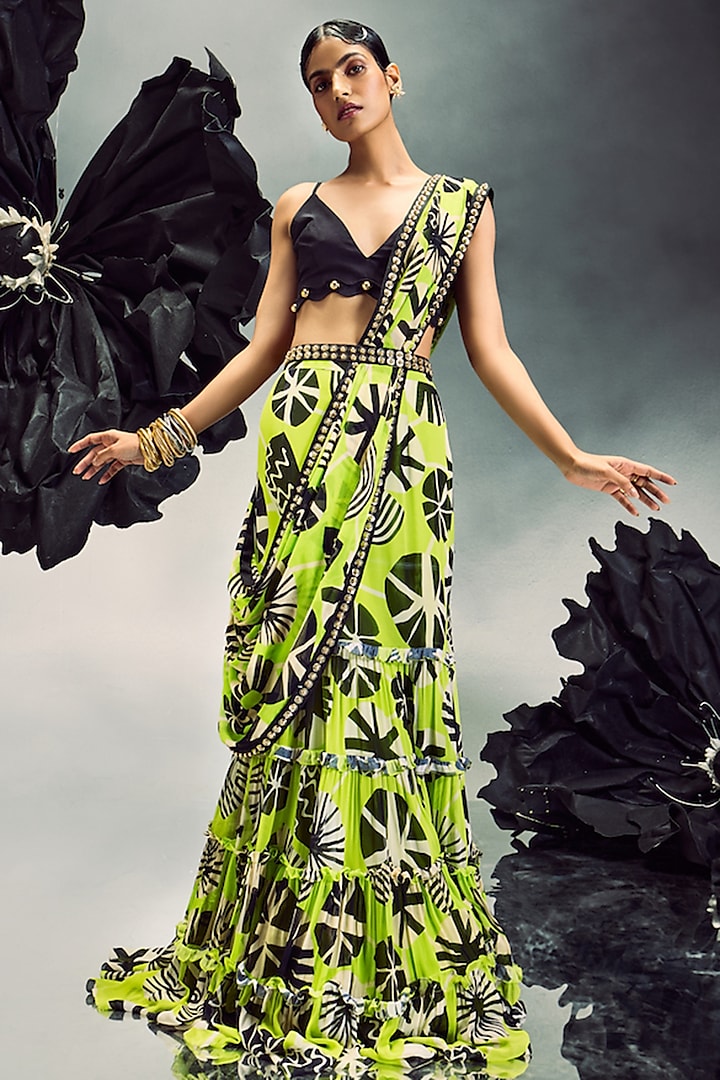 Black & Lime Green Georgette Printed Pre-Draped Saree Set by Maison Blu at Pernia's Pop Up Shop