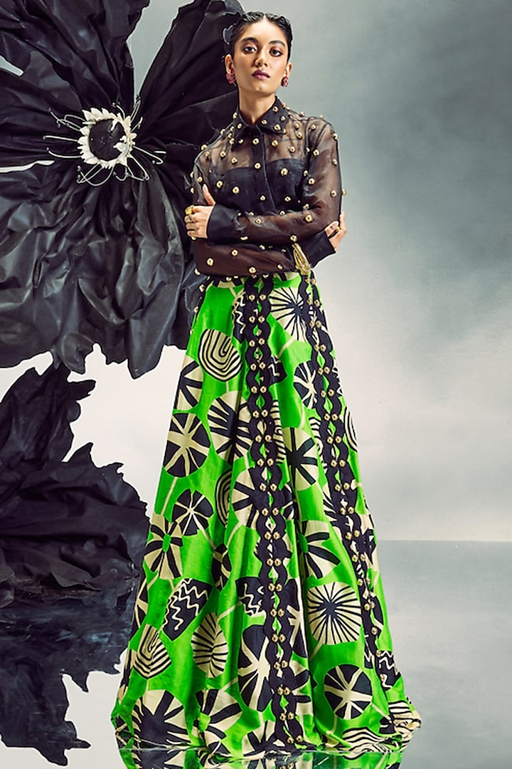 Black & Parrot Green Sheer Silk Printed Wedding Lehenga Set by Maison Blu at Pernia's Pop Up Shop