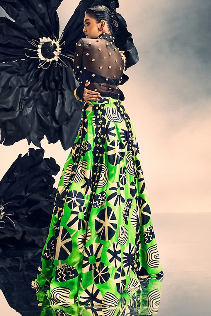 Black & Parrot Green Sheer Silk Printed Wedding Lehenga Set by Maison Blu at Pernia's Pop Up Shop