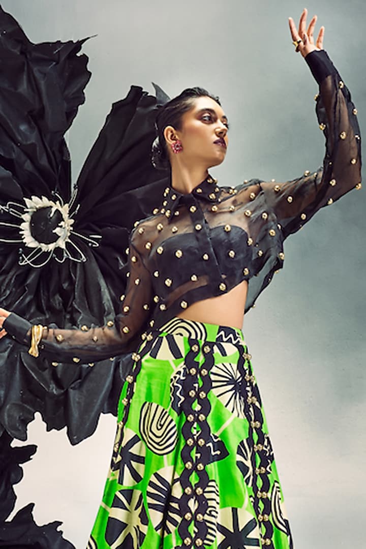 Black & Parrot Green Sheer Silk Printed Wedding Lehenga Set by Maison Blu at Pernia's Pop Up Shop