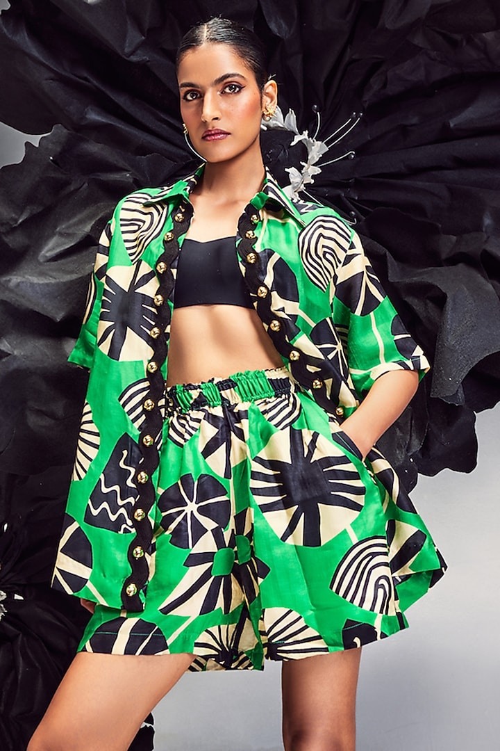 Emerald Green Silk Printed Co-Ord Set by Maison Blu at Pernia's Pop Up Shop