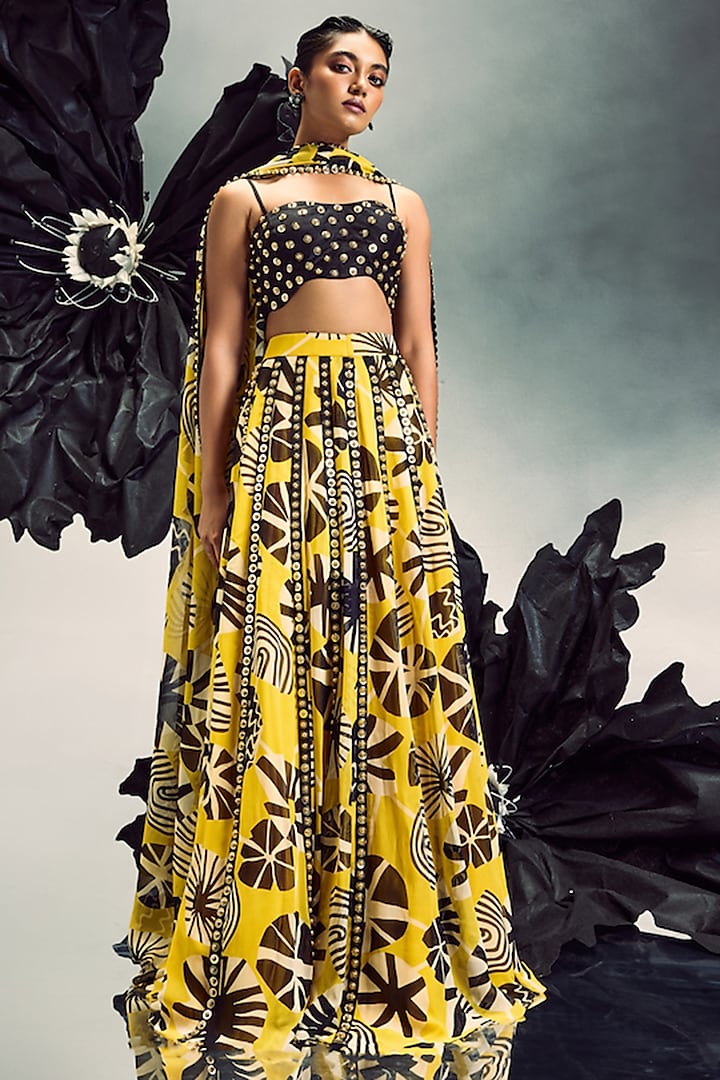 Mustard Yellow & Black Georgette Printed & Embroidered Lehenga Set by Maison Blu