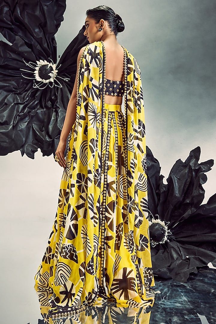 Mustard Yellow & Black Georgette Printed & Embroidered Wedding Lehenga Set by Maison Blu at Pernia's Pop Up Shop