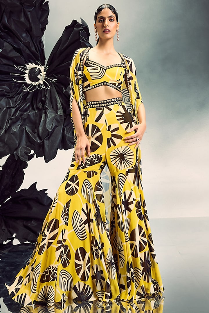 Mustard Yellow Georgette Printed Gharara Set by Maison Blu at Pernia's Pop Up Shop