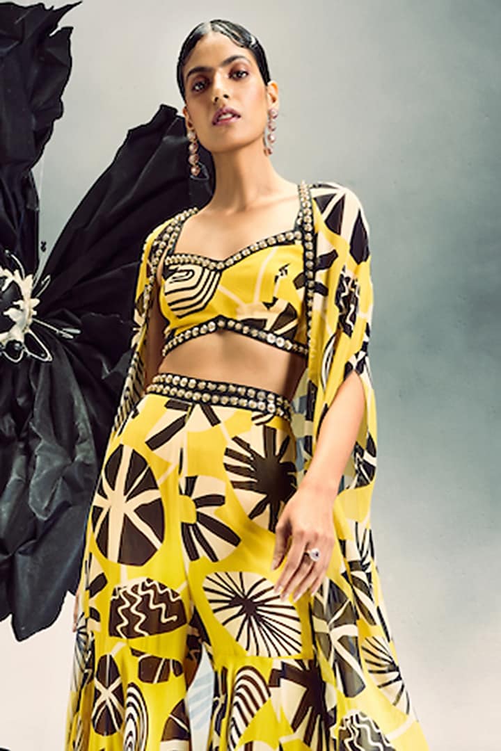 Mustard Yellow Georgette Printed Gharara Set by Maison Blu at Pernia's Pop Up Shop