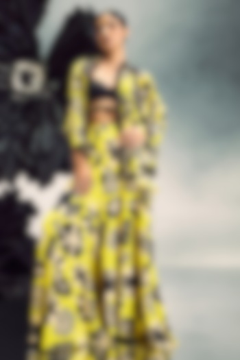 Yellow & Black Sheer Silk & Crepe Printed Sharara Set by Maison Blu at Pernia's Pop Up Shop