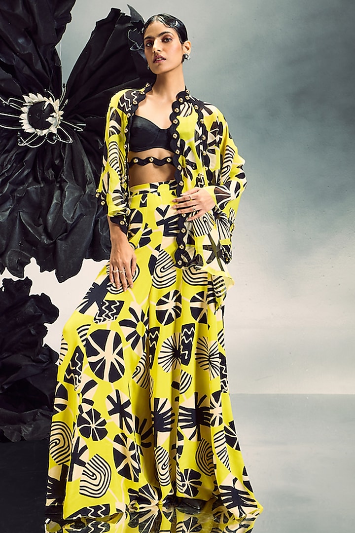 Yellow & Black Sheer Silk & Crepe Printed Sharara Set by Maison Blu at Pernia's Pop Up Shop