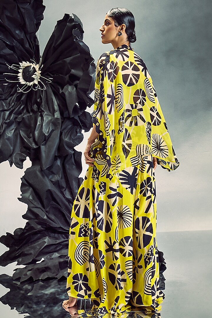Yellow & Black Sheer Silk & Crepe Printed Wedding Sharara Set by Maison Blu at Pernia's Pop Up Shop