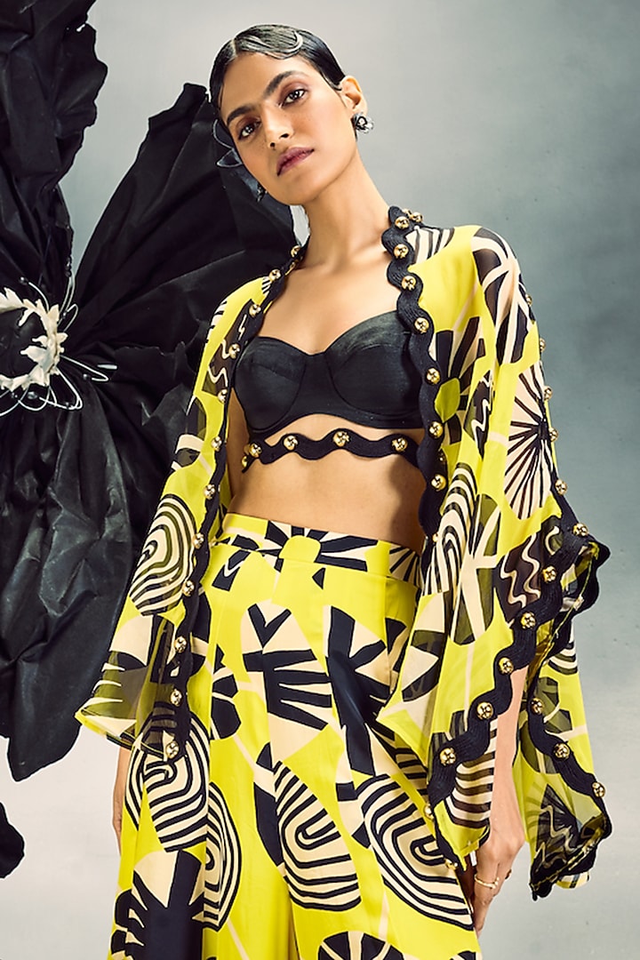 Yellow & Black Sheer Silk & Crepe Printed Wedding Sharara Set by Maison Blu at Pernia's Pop Up Shop