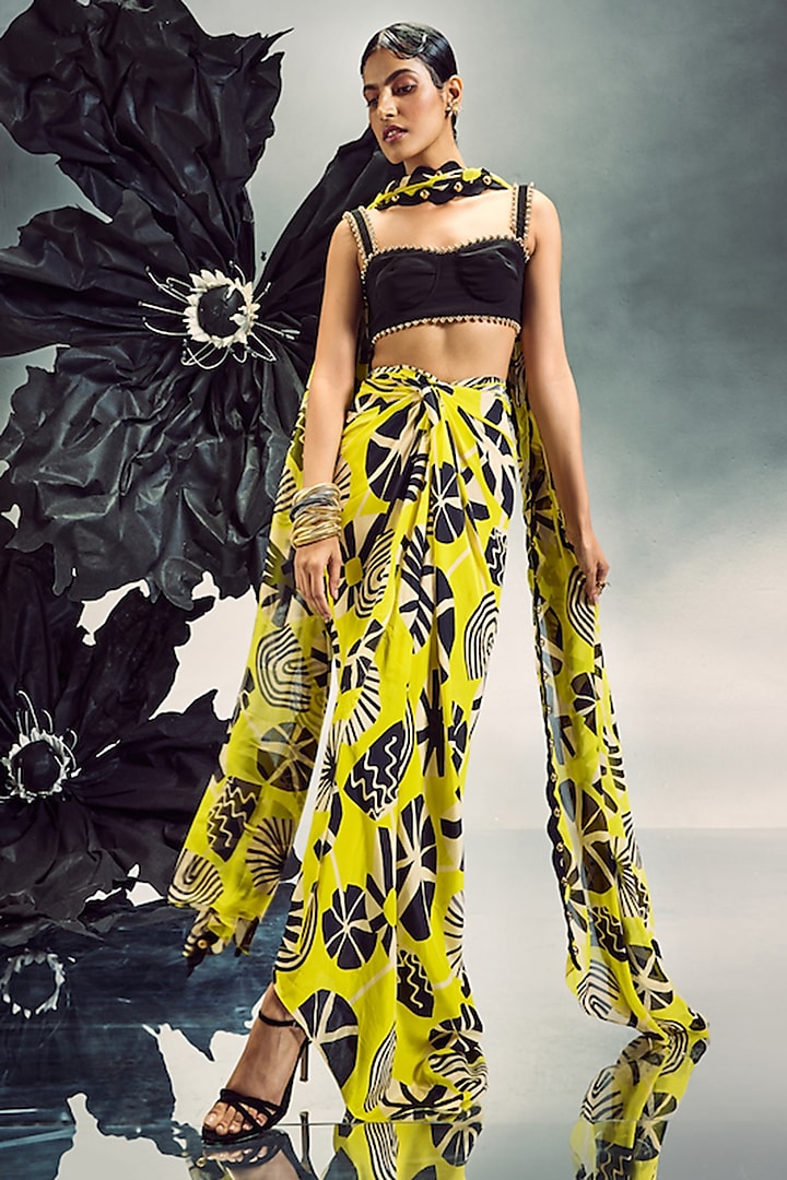 Yellow & Black Crepe & Silk Printed Skirt Set by Maison Blu at Pernia's Pop Up Shop