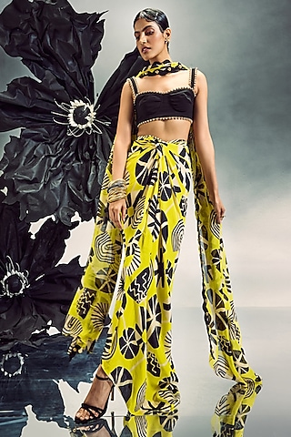 Yellow & Black Crepe & Silk Printed Skirt Set by Maison Blu