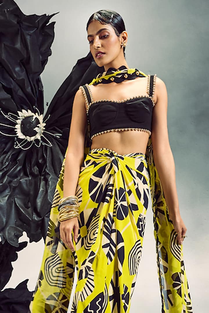 Yellow & Black Crepe & Silk Printed Skirt Set by Maison Blu at Pernia's Pop Up Shop