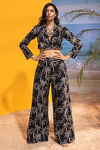 Black Silk Embellished Blazer Set by Maison Blu