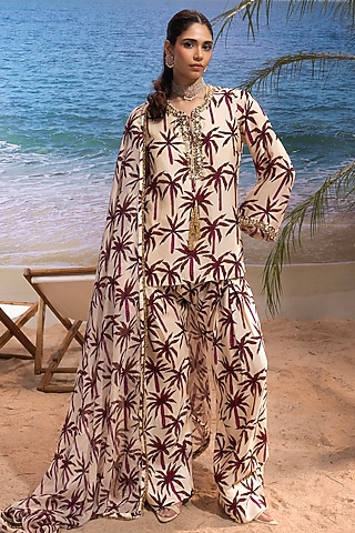 Ivory Silk Printed Kurta Set by Maison Blu
