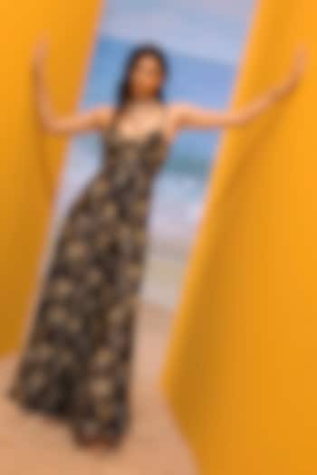 Black Silk Printed & Embellished Tie-Up Jumpsuit by Maison Blu at Pernia's Pop Up Shop