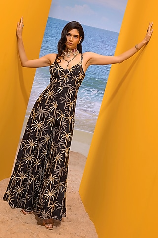 Black Silk Printed & Embellished Tie-Up Jumpsuit by Maison Blu