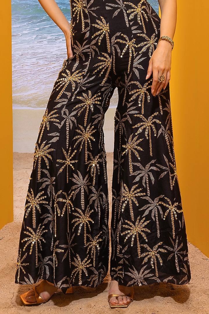 Black Silk Printed & Embellished Tie-Up Jumpsuit by Maison Blu at Pernia's Pop Up Shop